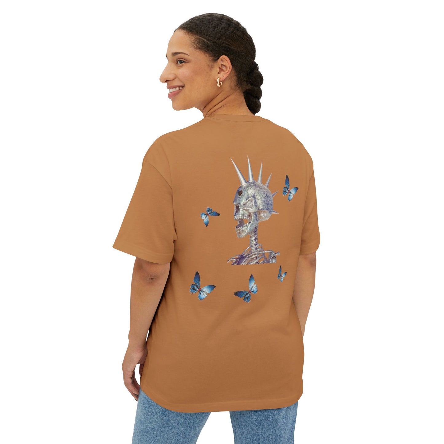 Flying in Chaos Graphic Oversized Tee - Unisex Skull & Butterfly Design