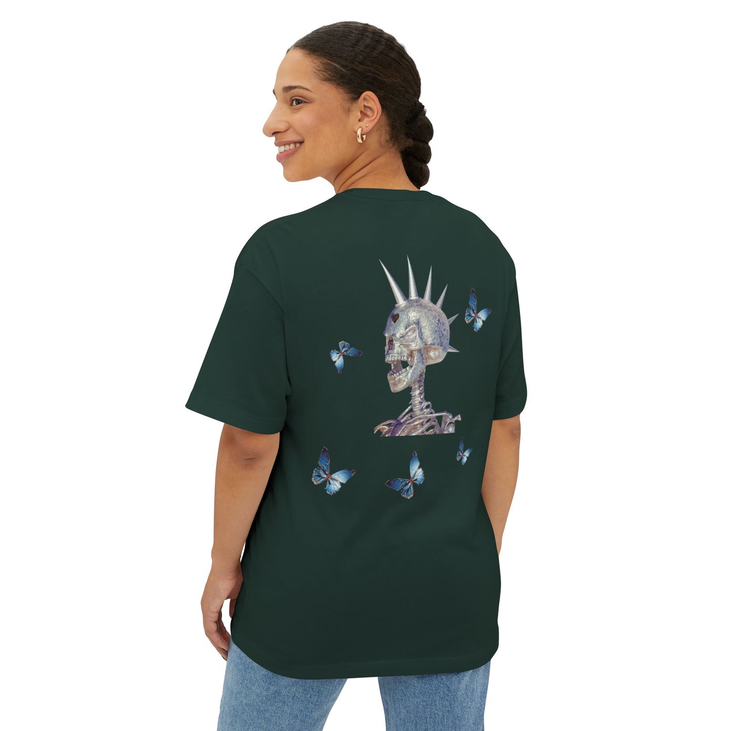Flying in Chaos Graphic Oversized Tee - Unisex Skull & Butterfly Design