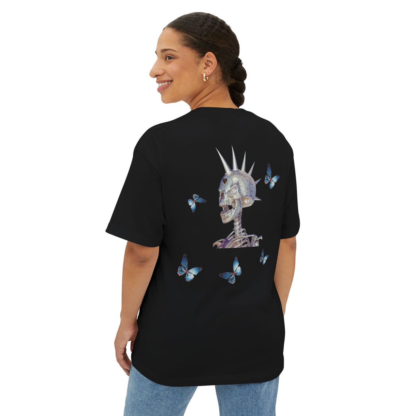 Flying in Chaos Graphic Oversized Tee - Unisex Skull & Butterfly Design