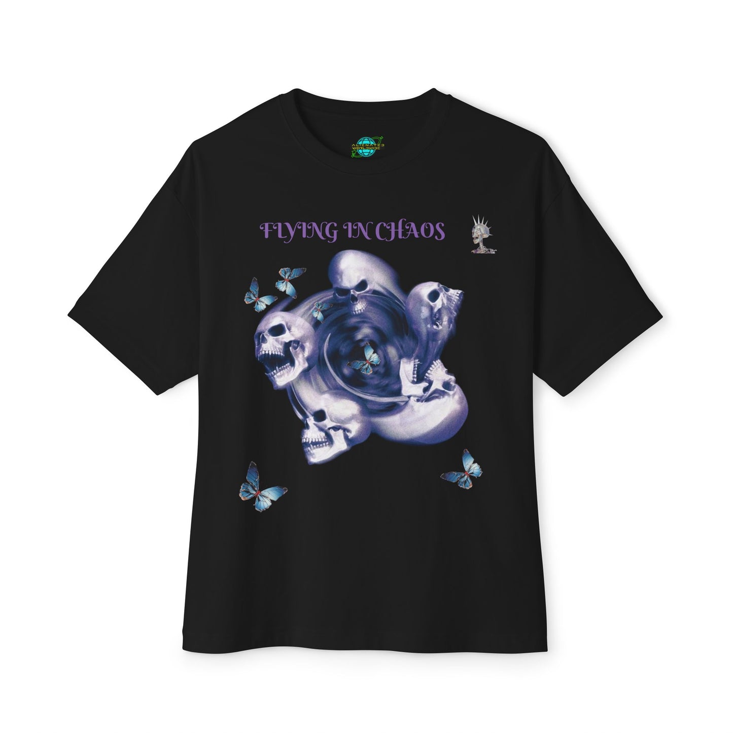 Flying in Chaos Graphic Oversized Tee - Unisex Skull & Butterfly Design
