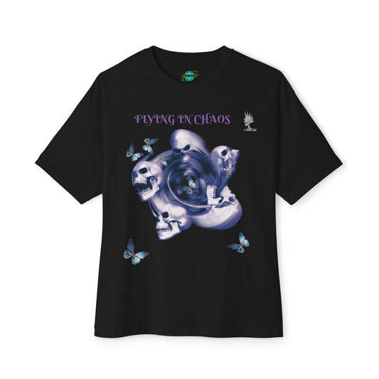 Flying in Chaos Graphic Oversized Tee - Unisex Skull & Butterfly Design