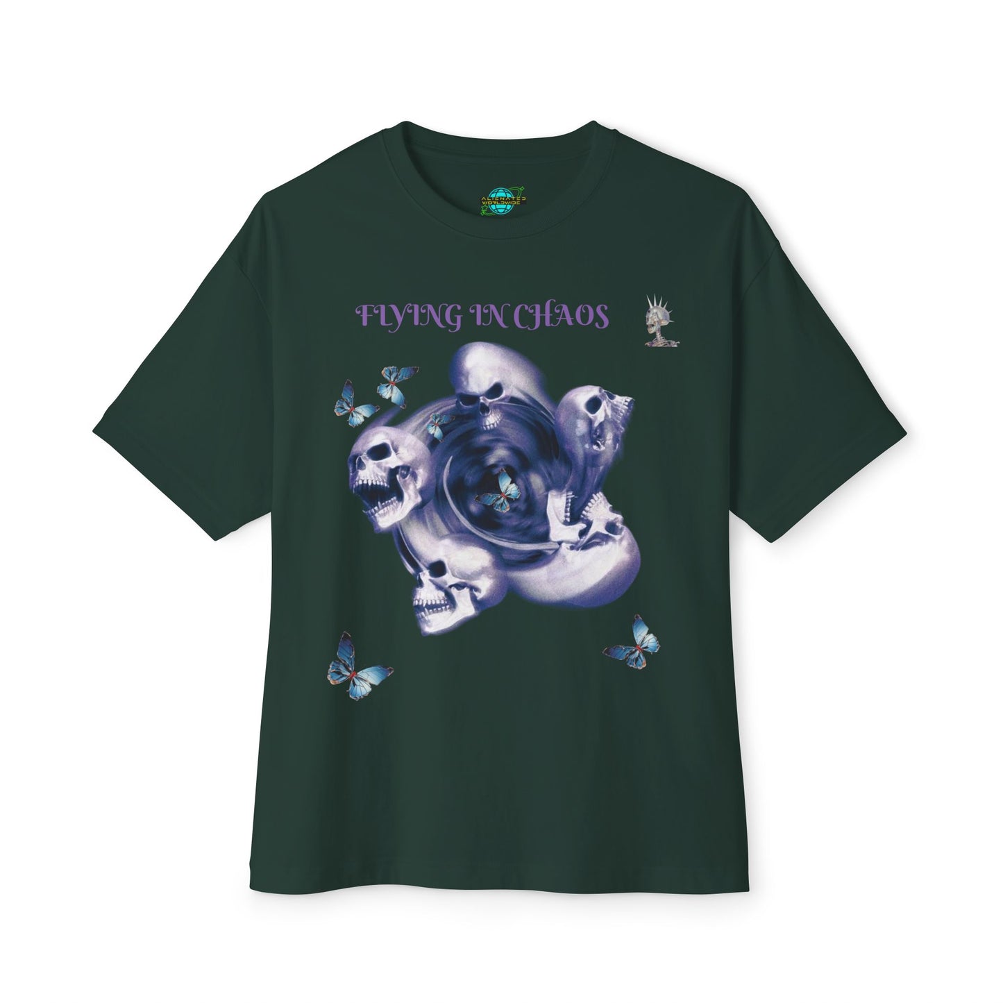 Flying in Chaos Graphic Oversized Tee - Unisex Skull & Butterfly Design