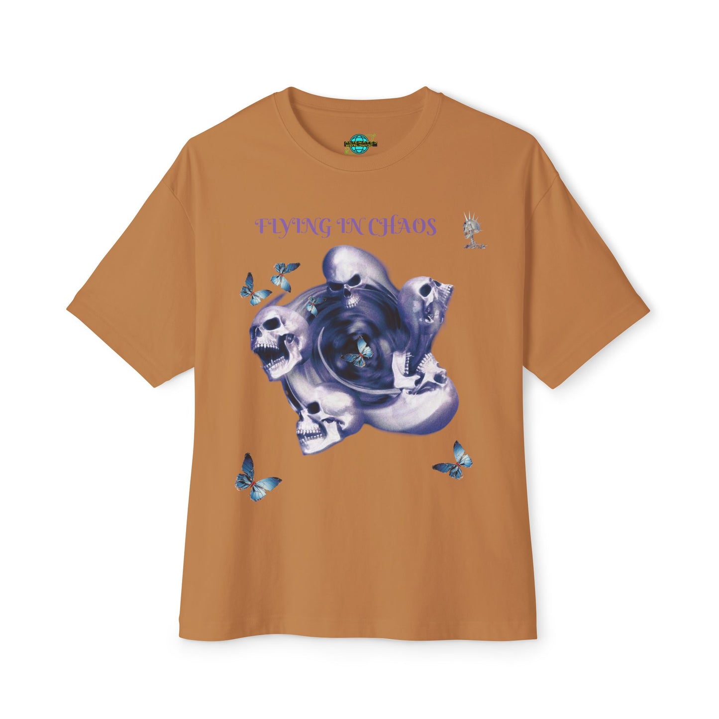 Flying in Chaos Graphic Oversized Tee - Unisex Skull & Butterfly Design