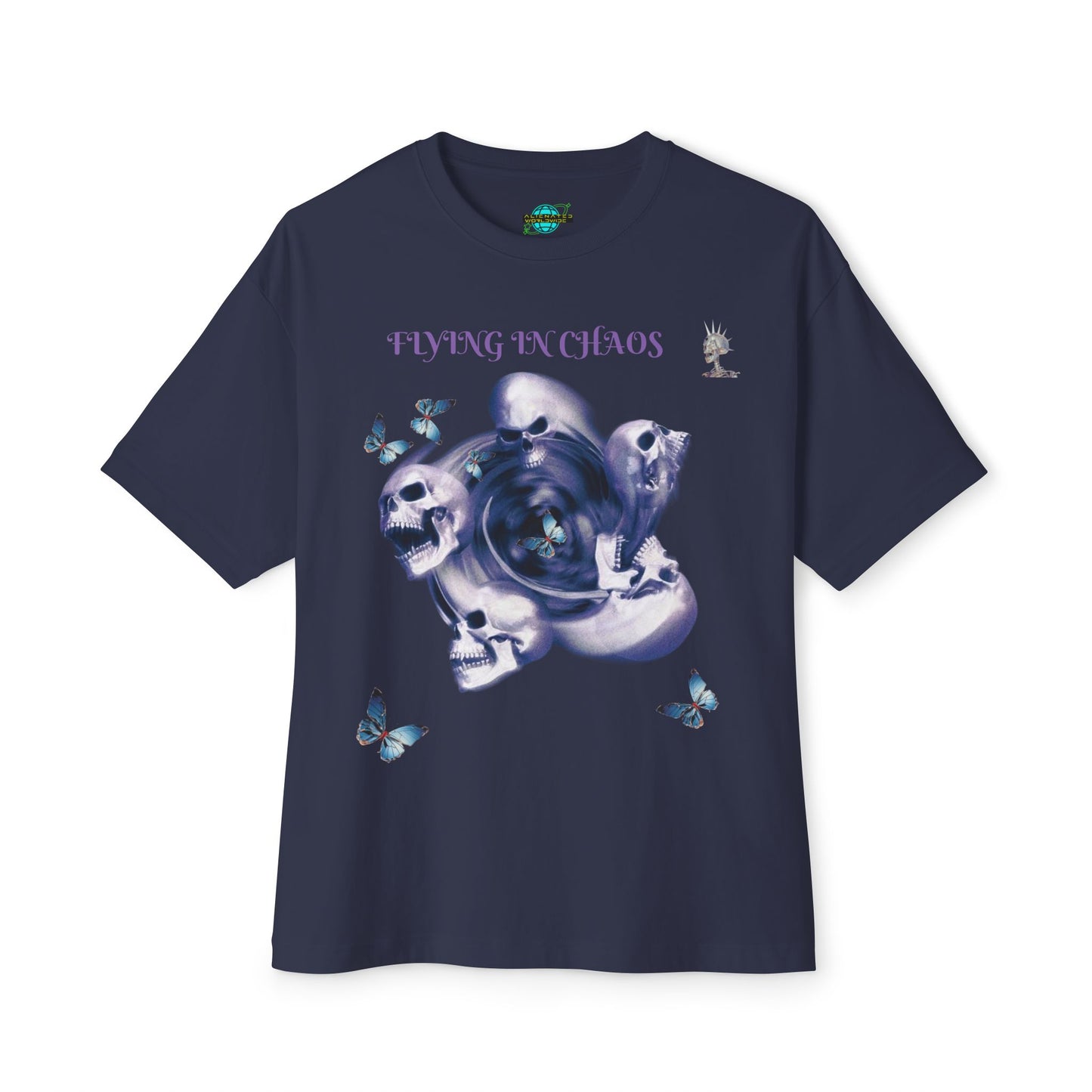 Flying in Chaos Graphic Oversized Tee - Unisex Skull & Butterfly Design