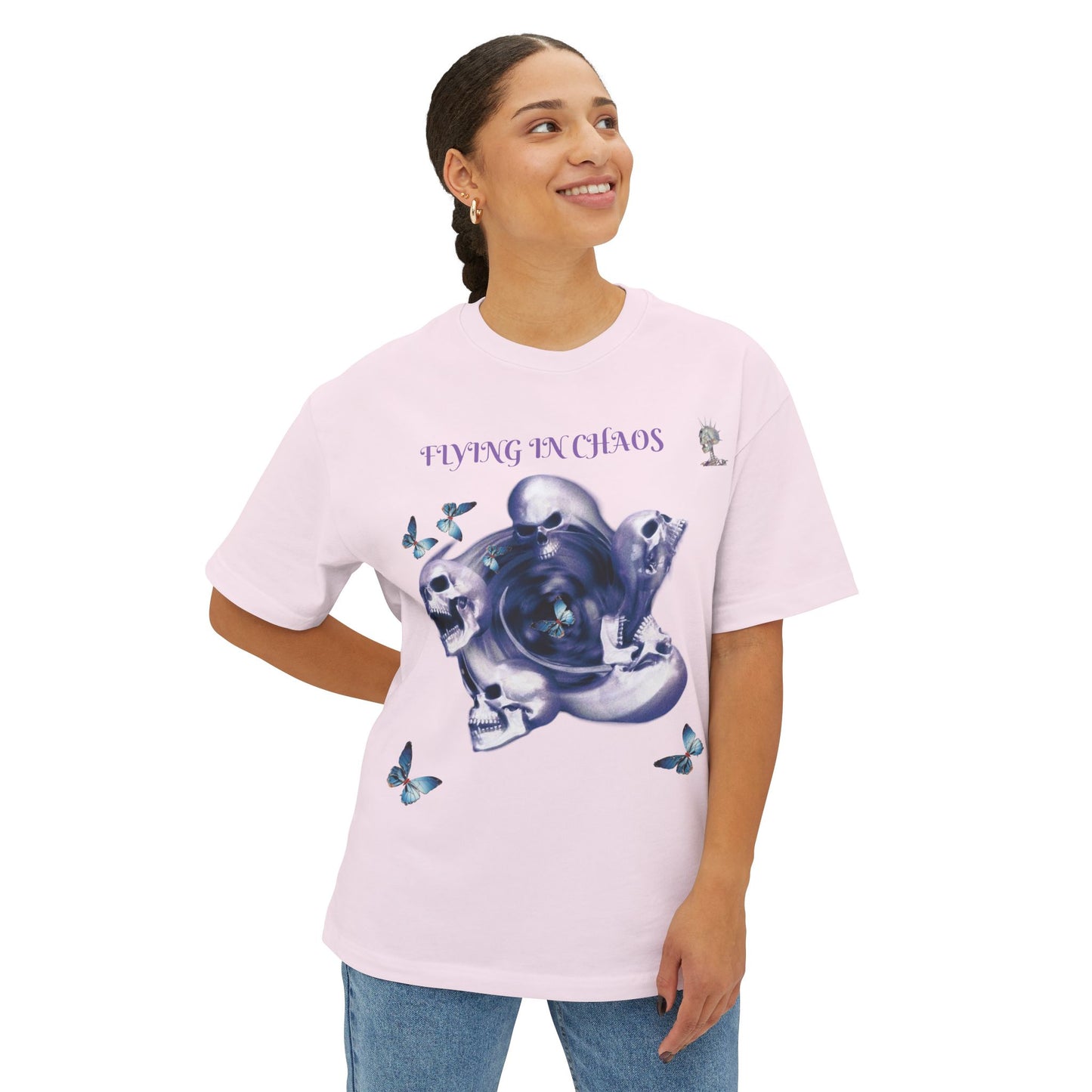 Flying in Chaos Graphic Oversized Tee - Unisex Skull & Butterfly Design