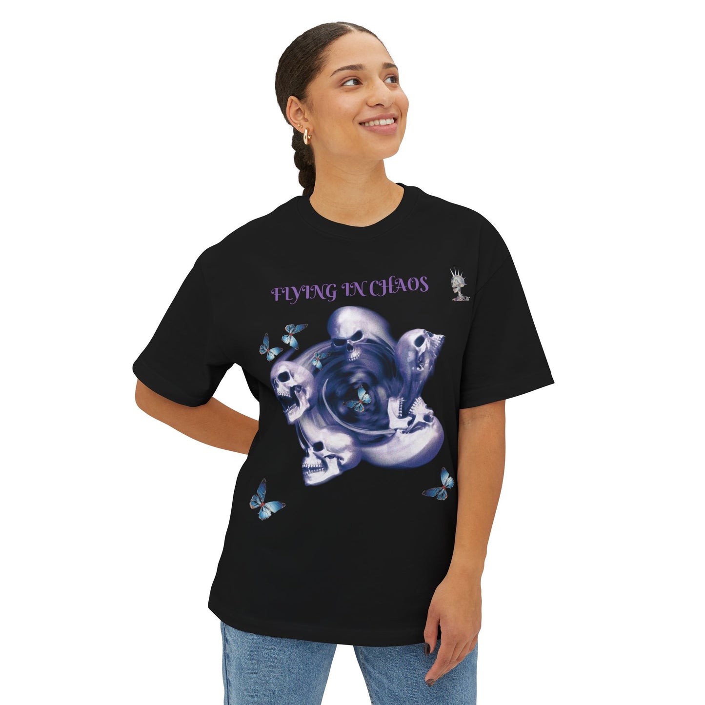 Flying in Chaos Graphic Oversized Tee - Unisex Skull & Butterfly Design