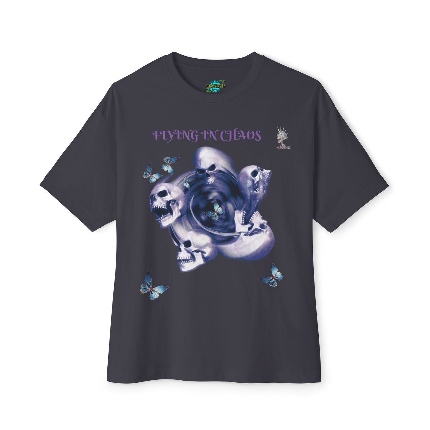 Flying in Chaos Graphic Oversized Tee - Unisex Skull & Butterfly Design