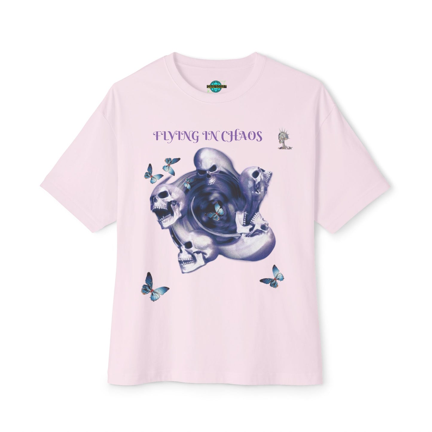 Flying in Chaos Graphic Oversized Tee - Unisex Skull & Butterfly Design