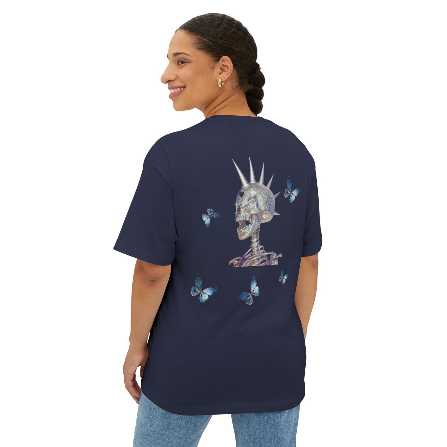 Flying in Chaos Graphic Oversized Tee - Unisex Skull & Butterfly Design