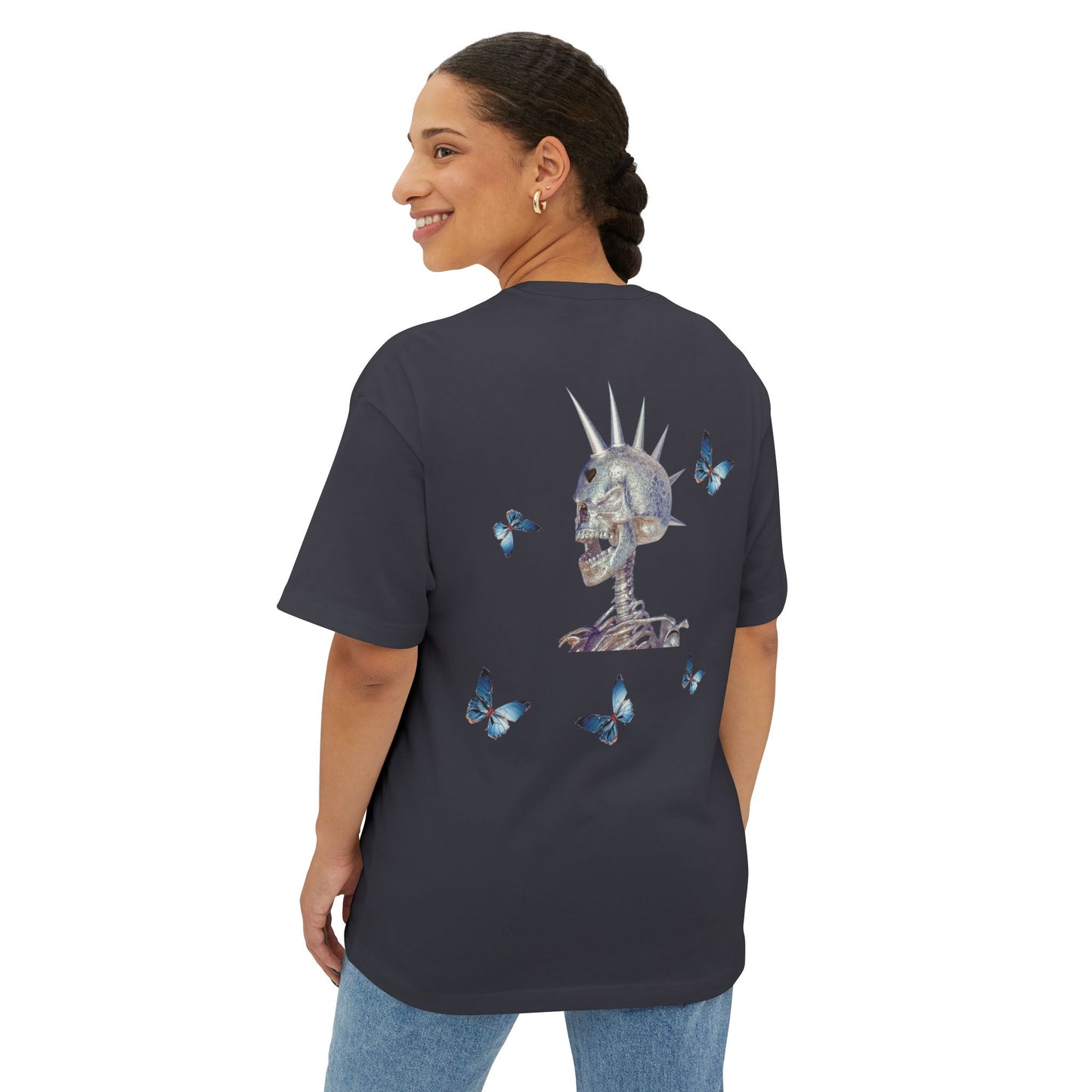 Flying in Chaos Graphic Oversized Tee - Unisex Skull & Butterfly Design