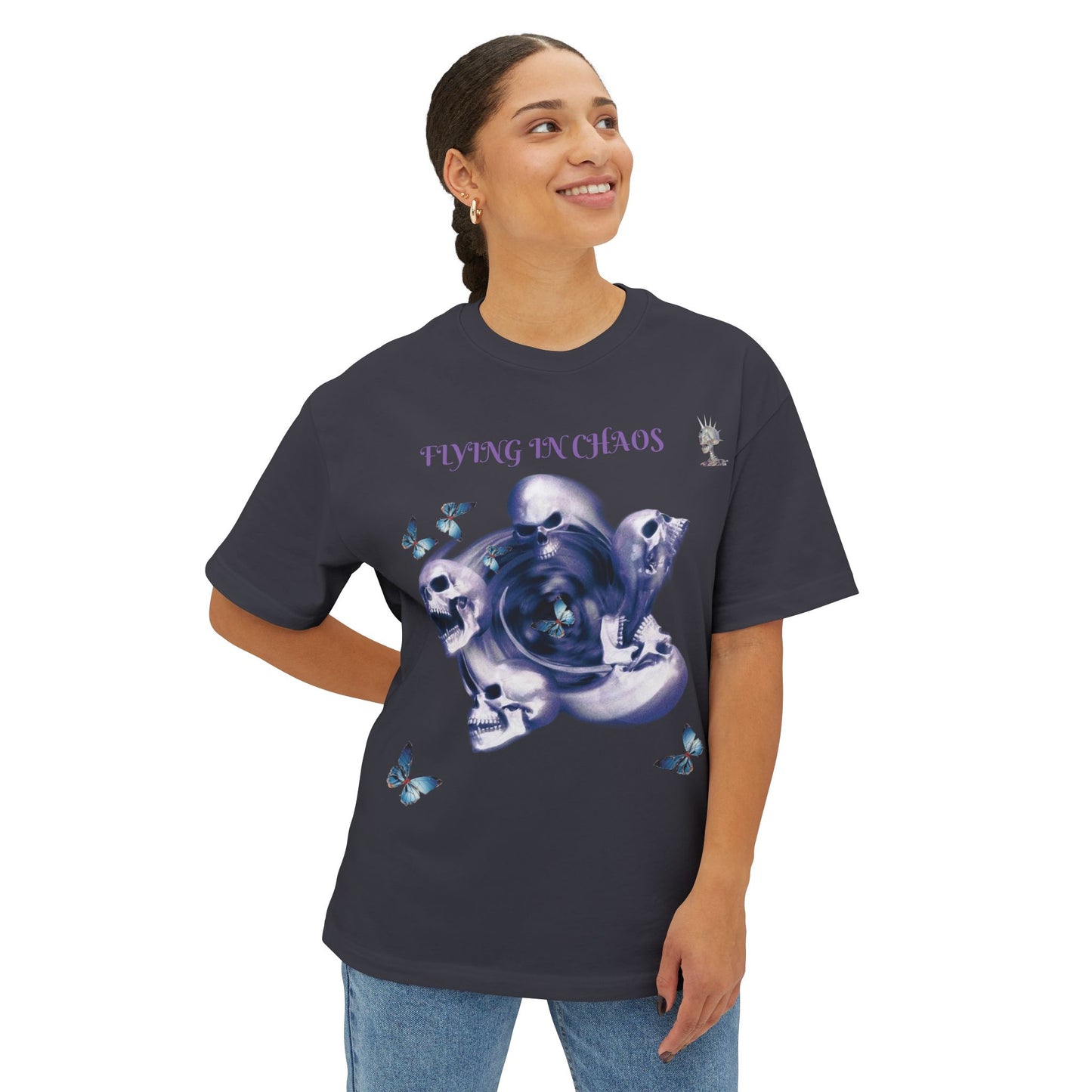 Flying in Chaos Graphic Oversized Tee - Unisex Skull & Butterfly Design