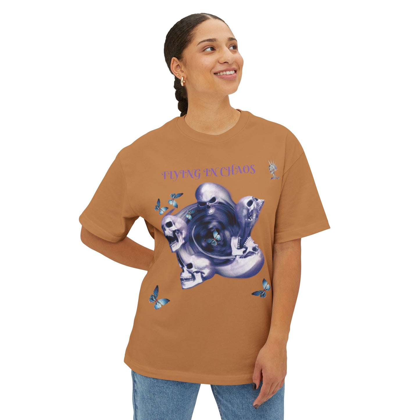 Flying in Chaos Graphic Oversized Tee - Unisex Skull & Butterfly Design