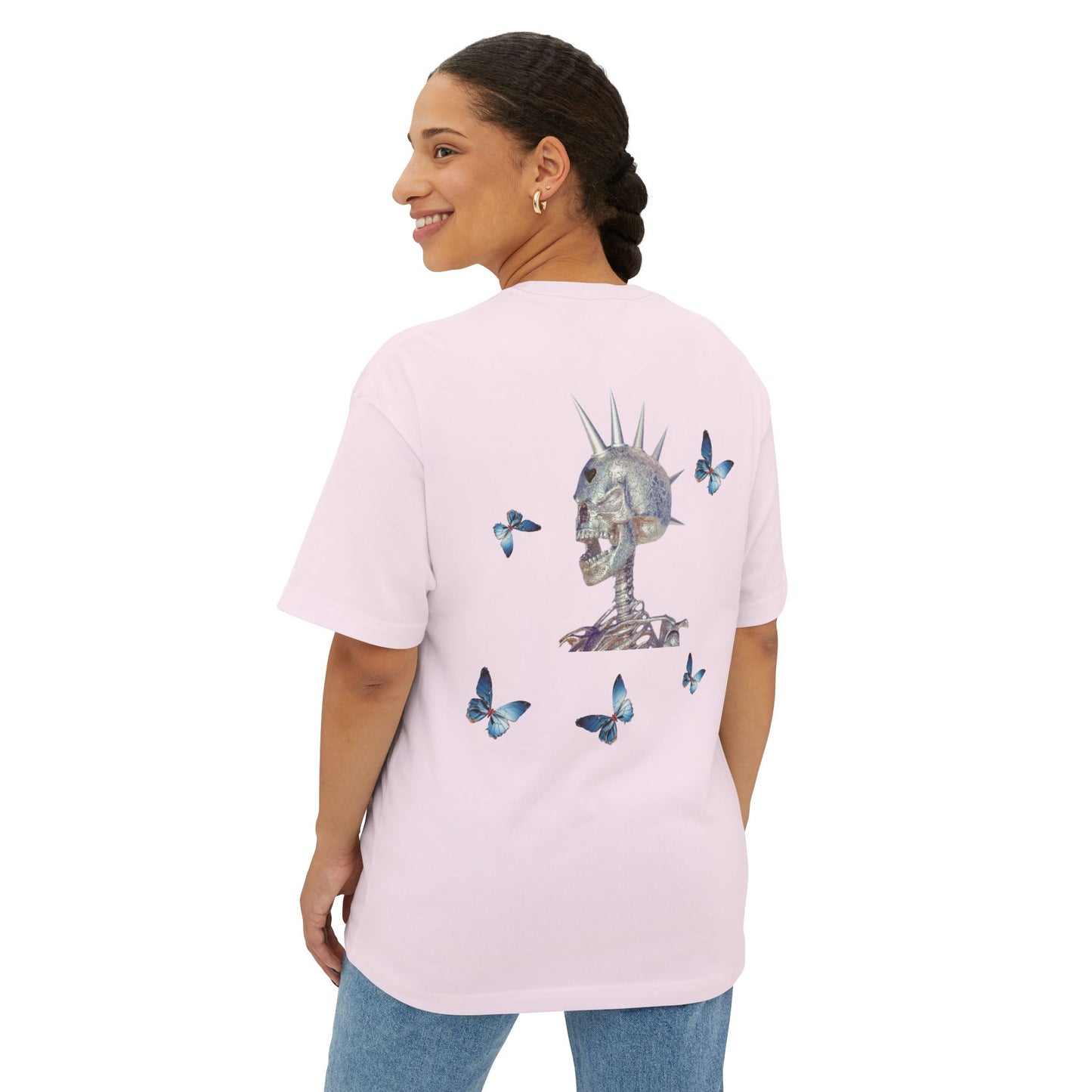 Flying in Chaos Graphic Oversized Tee - Unisex Skull & Butterfly Design