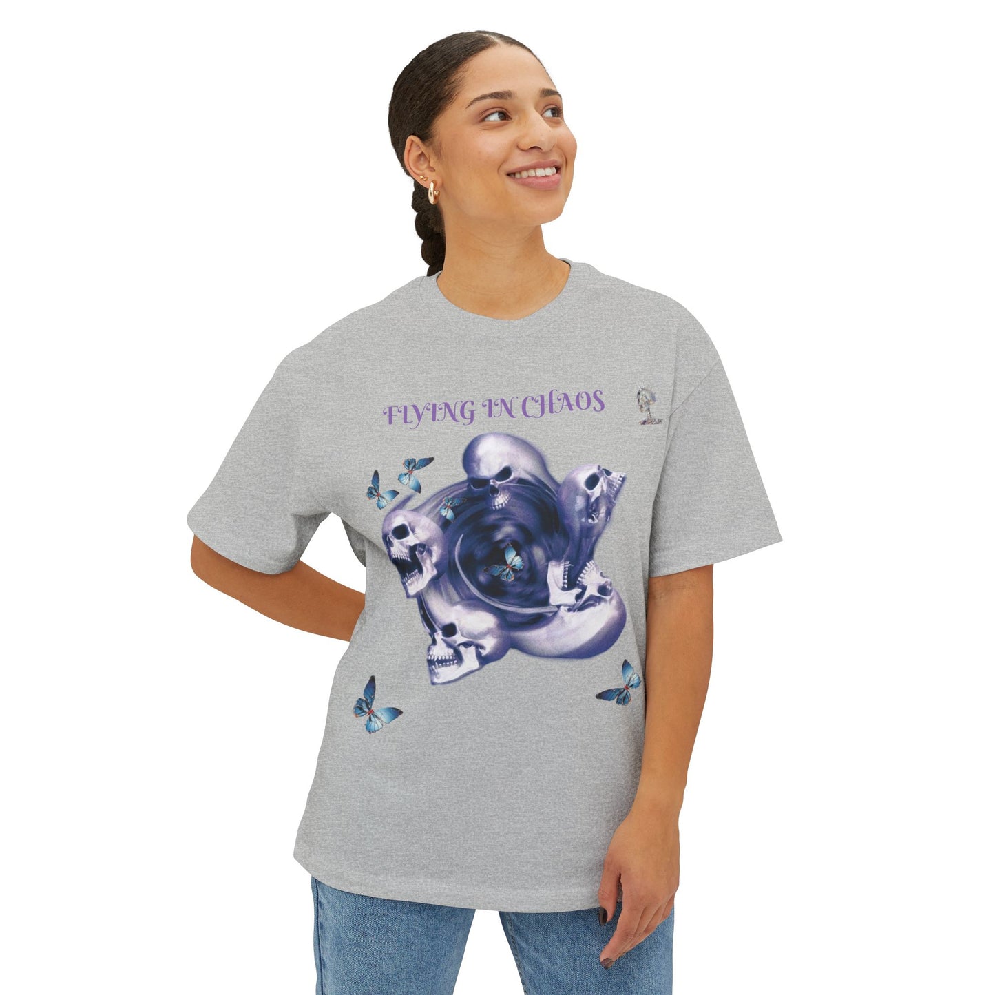 Flying in Chaos Graphic Oversized Tee - Unisex Skull & Butterfly Design